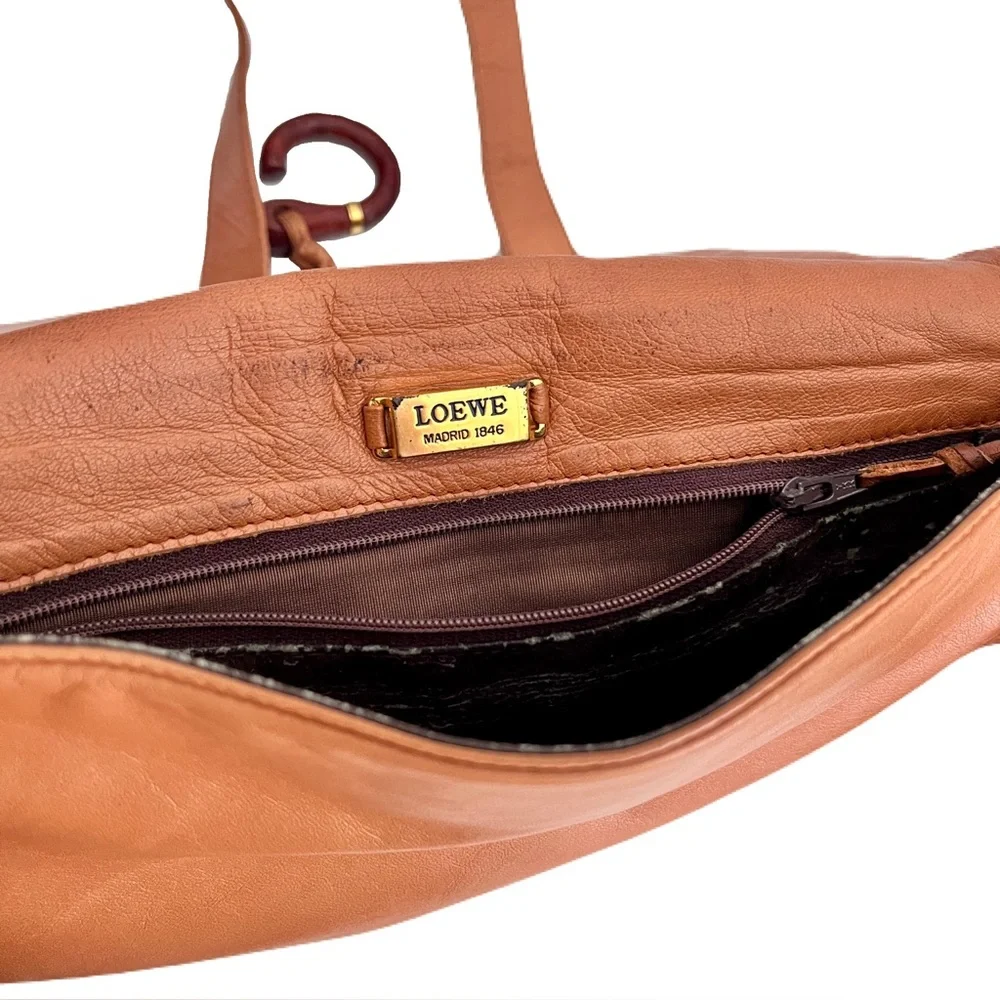 Vintage Loewe Amber Brown Leather Flap Shoulder Bag with Wooden Fishhook